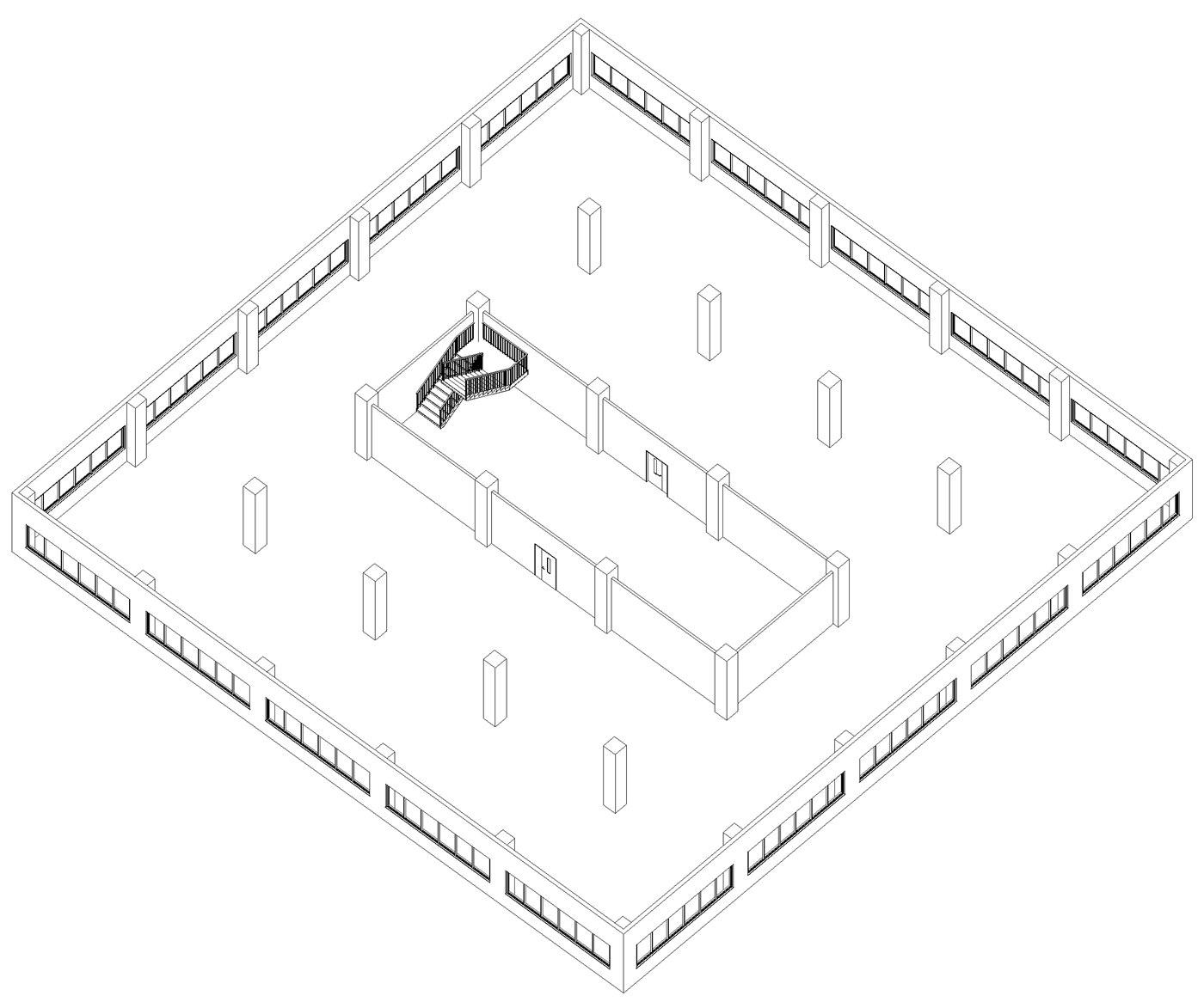 Revit に作図されたモデルの 3D ビュー。外壁に 6 連窓が並び、中央にコアの壁と親子扉、内部に柱が立つ